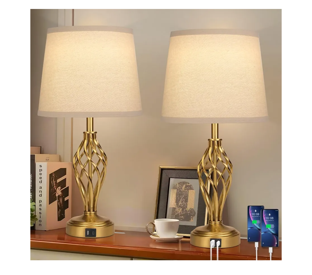 Touch Table Lamps Set of 2, nightstand lamp with USB Ports Bedside 3 Way Touch dimmer Desk lamp for Living Room Bedroom,Gold Plated Spiral cage Base Design Warm White dimmer Bulbs Included