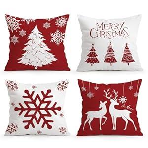 OBSEDE Christmas Pillow Covers 18x18 Set of 4, Deer Tree Soft Decorative Throw Pillow Cases for Holiday Farmhouse Home Decor, Winter Indoor Couch and Sofa