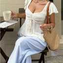 SOLY HUX Women's Summer Peplum Babydoll Tops Sweetheart Neck Ruffle Cap Sleeve Bow Tie Front Textured T Shirt (White, L)