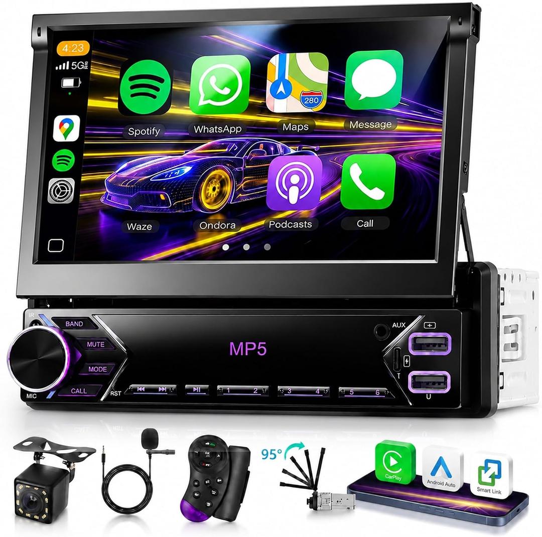 Single Din Flip Out Car Stereo Touch Screen Wireless Carplay Android Auto, 7 inch Car Radio 1 Din Bluetooth Support SWC FM/EQ USB Type-C, Car Audio Receiver MP5 Player with Backup Camera