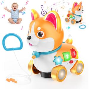 Musical Toys for 6 Month - 3 Year Old Boy Girl, Baby Toys Bilingual Educational with Music Light, Crawling & Walking Puppy for Birthday (Orange)