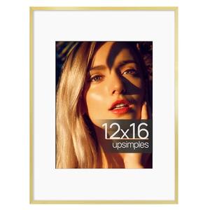 upsimples Aluminum 12x16 Picture Frame Gold, Display Photo 8.5x11 with Mat or 12 x 16 without Mat, Wall Hanging Metal Poster Frame with Acrylic Cover, 1 Pack