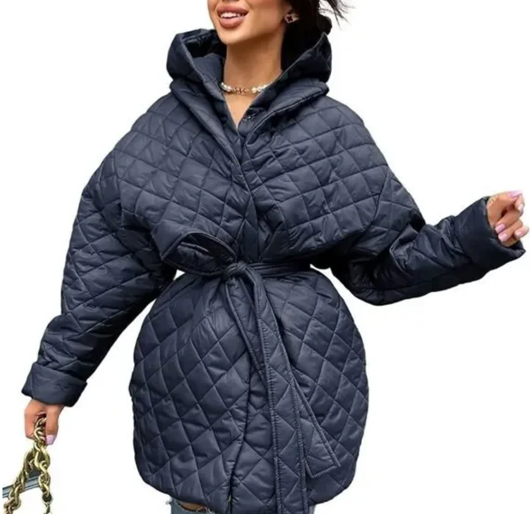 BTFBM Women Button Down Quilted Jacket Coat 2023 Fall Winter Fashion Belt Pockets Removable Padded Hood Puffer Outerwear L Navy