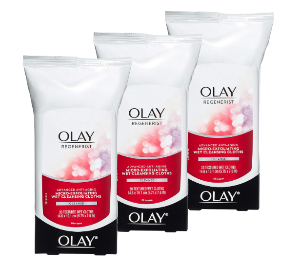 Olay Makeup Remover Wipes, Regenerist MicroExfoliating Wet Cleansing Cloths, Facial Cleanser for Women  Exfoliates, Refreshes, Smooths Texture, Travel Approved, 30 ct  3 Pack