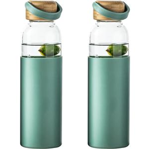 21oz Borosilicate Glass Water Bottle with Non-Slip Sleeve & Leak-Proof Lid-Reusable Drink Bottle for Office,Travel,Gym,Hiking-Ideal Gift for Home,Car & Fitness Enthusiasts (2pcs Green)