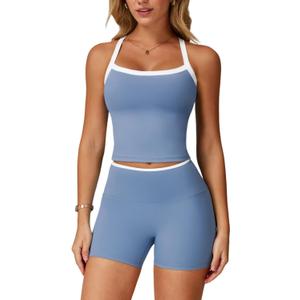 Women 2 Piece Workout Sets Padded Criss Cross Back Crop Tank High Waist Tummy Control Shorts Yoga Outfits (Small, Colorblock Blue)