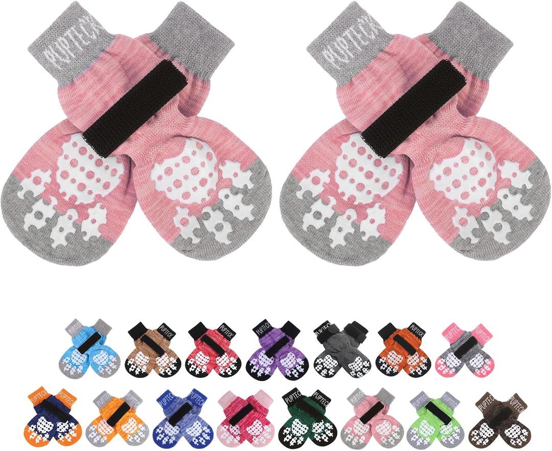 PUPTECK Anti-Slip Dog Socks with Double Sides Grips for Small Medium Large Dogs Hardwood Floors Prevents Licking, Dog Shoes for Hot Pavement Traction Control Paw Protector for Senior Dogs, Pink S (Small (4 Count))