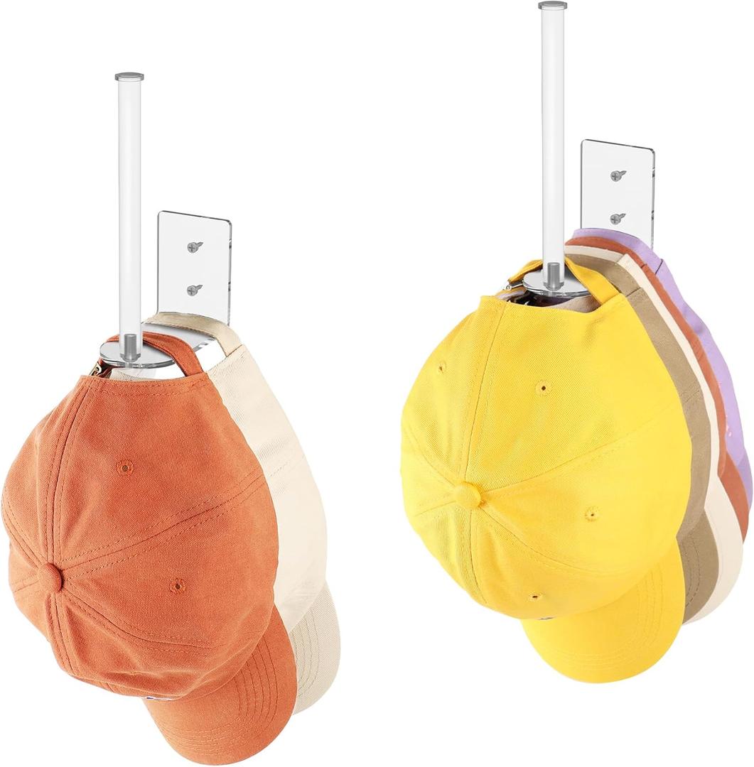 Durmmur 2 Pack Hat Racks for Baseball Caps, Acrylic Hat Organizer, Hat Hooks for Wall, Hat Holder Storage Organizer, Hat Hanger Strong Adhesive/Wall Drilled for Door, Bedroom, Closet (Clear 6 in)