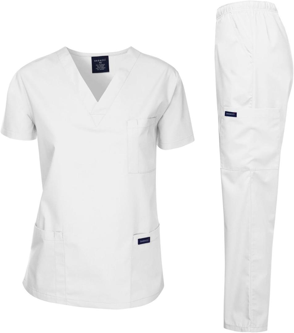 Dagacci Scrubs Medical Uniform Women and Man Scrubs Set Medical Scrubs Top and Pants (Small, White)