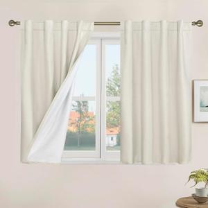 LAMIT 100% Blackout Short Linen Curtains for Cafe, 40 Inch Length Linen Textured Thermal Curtains Back Tab and Rod Pocket Neutral Panels with White Liner for Bedroom, 2 Panels, 34 x 40 Inch, Ivory