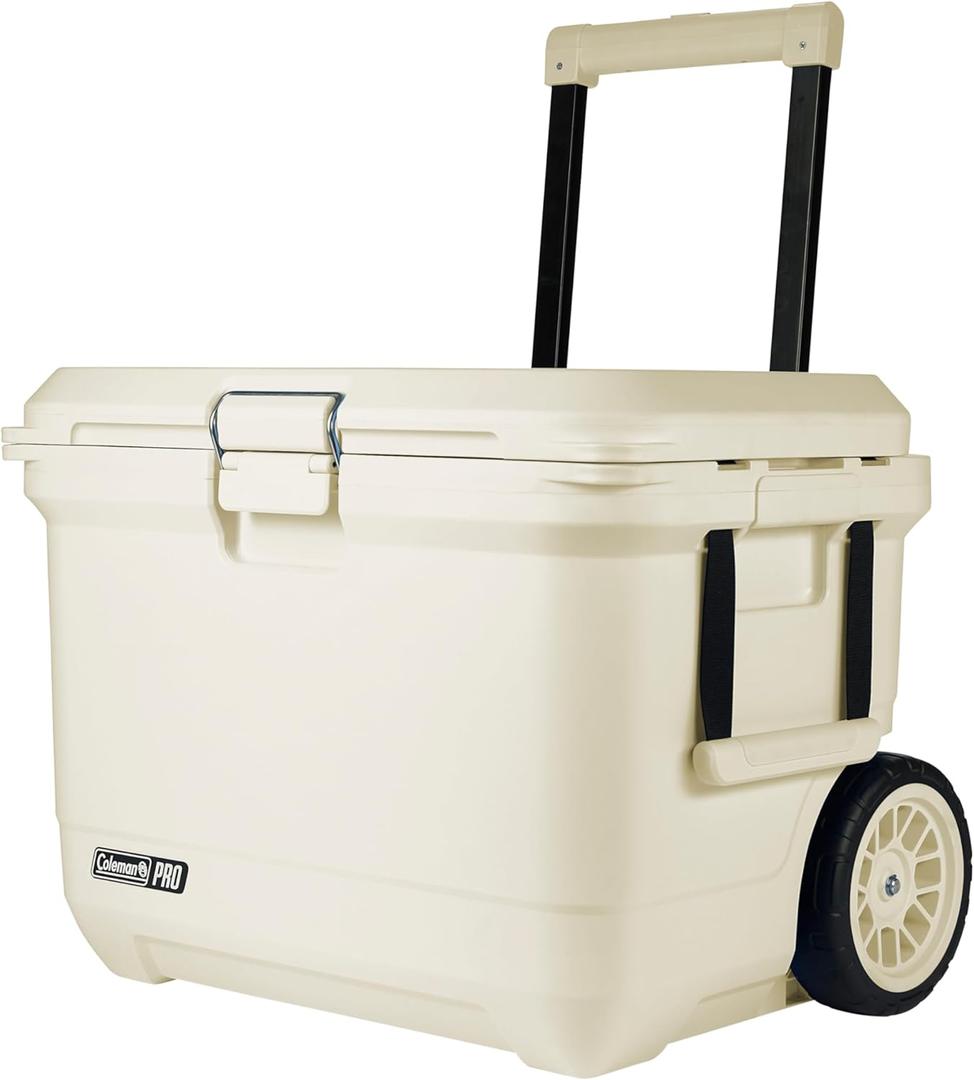 Coleman Pro Heavy-Duty 55qt Wheeled Ultra-Light Premium Hard Cooler, Extra-Thick Insulation Keeps Ice up to 5 Days, 92-Can Capacity, Heavy-Duty Wheels (Desert Sand)