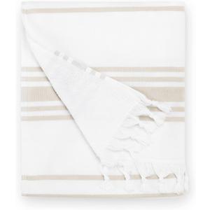 Laguna Beach Textile Co. Soft Turkish Fouta Beach Towel - White & Dune Tan, 400 GSM, 70"L x 40"W