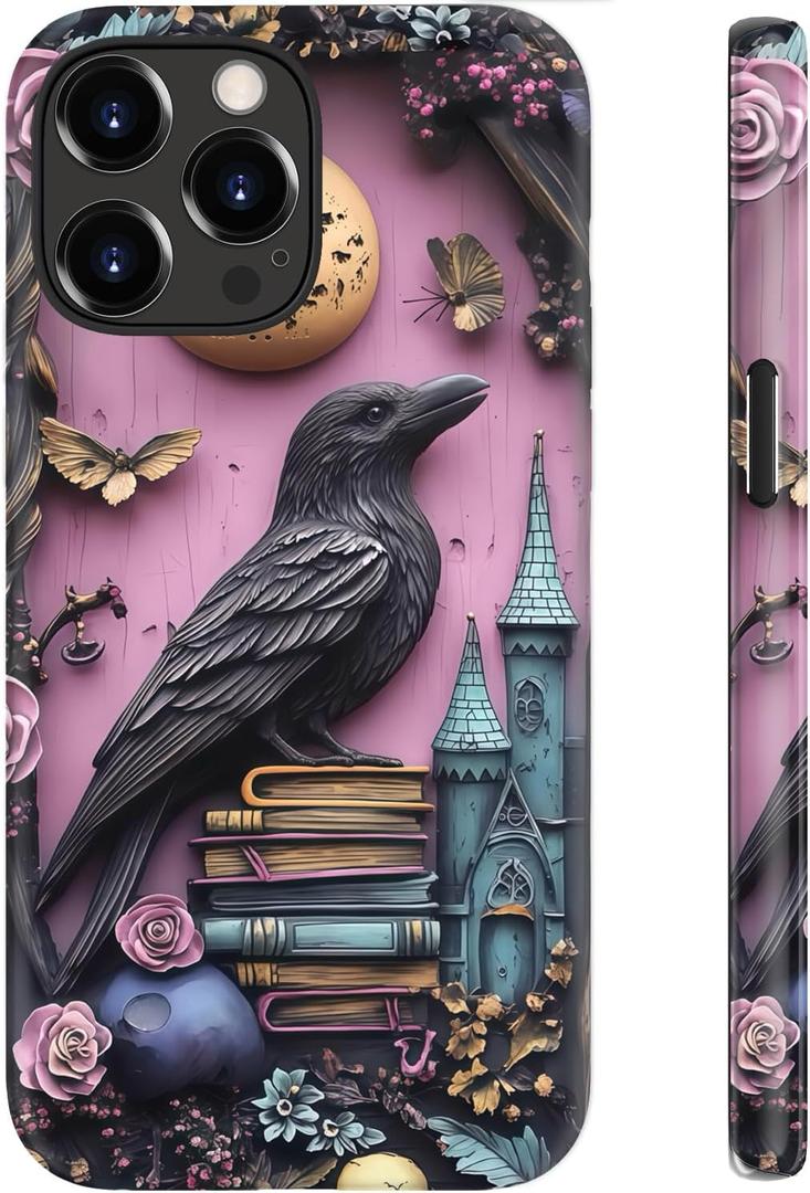 for iPhone 13 Pro Max Case Cute – Wireless Charging Compatible – Dual-Layer Shockproof Protection with Stylish Wildflower Design – Protective Cover for Women - Gothic Raven Purple Floral