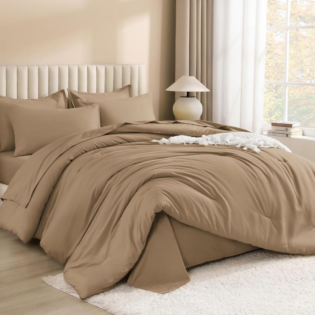 Litanika King Size Comforter Set Taupe - 7 Pieces Bed in a Bag King Bedding Comforter Sets, Solid Lightweight Bed Set with Comforter, Sheets, Pillowcases & Shams (King (104"x90"))