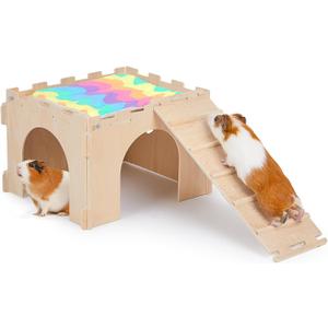 Guinea Pig Hideout, Guinea Pigs House with Stairs and Mats, Extra Large Guinea Piggy Castle, Detachable Hideouts for Small Animals, Wooden Guinea Pig Habitats with Multiple Doors and Windows