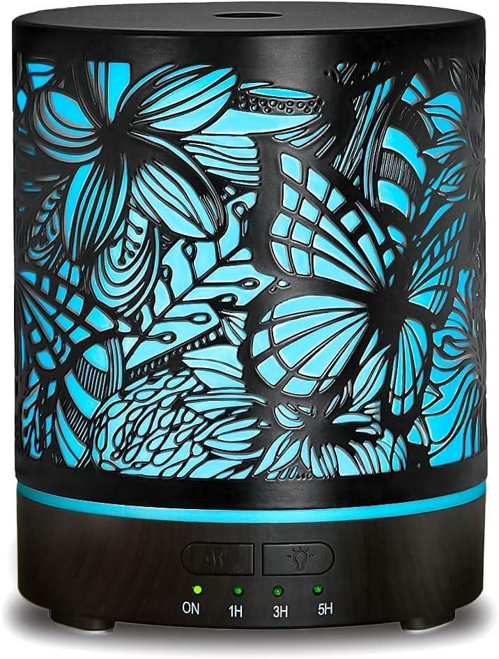 Essential Oil Diffusers 300ML Metal Aromatherapy Oil Diffusers for Large Room,Butterflies & Flower Ultrasonic Cool Mist Diffuser with Waterless Auto Shut-Off Protection, for Home Office SPA Yoga (Butterfly)
