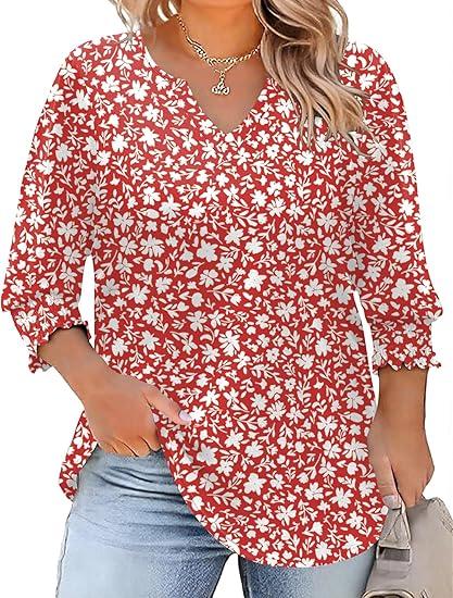 Womens Plus Size Tops 3/4 Sleeve Blouses Shirts Casual V Neck Loose Tunic Tops, S