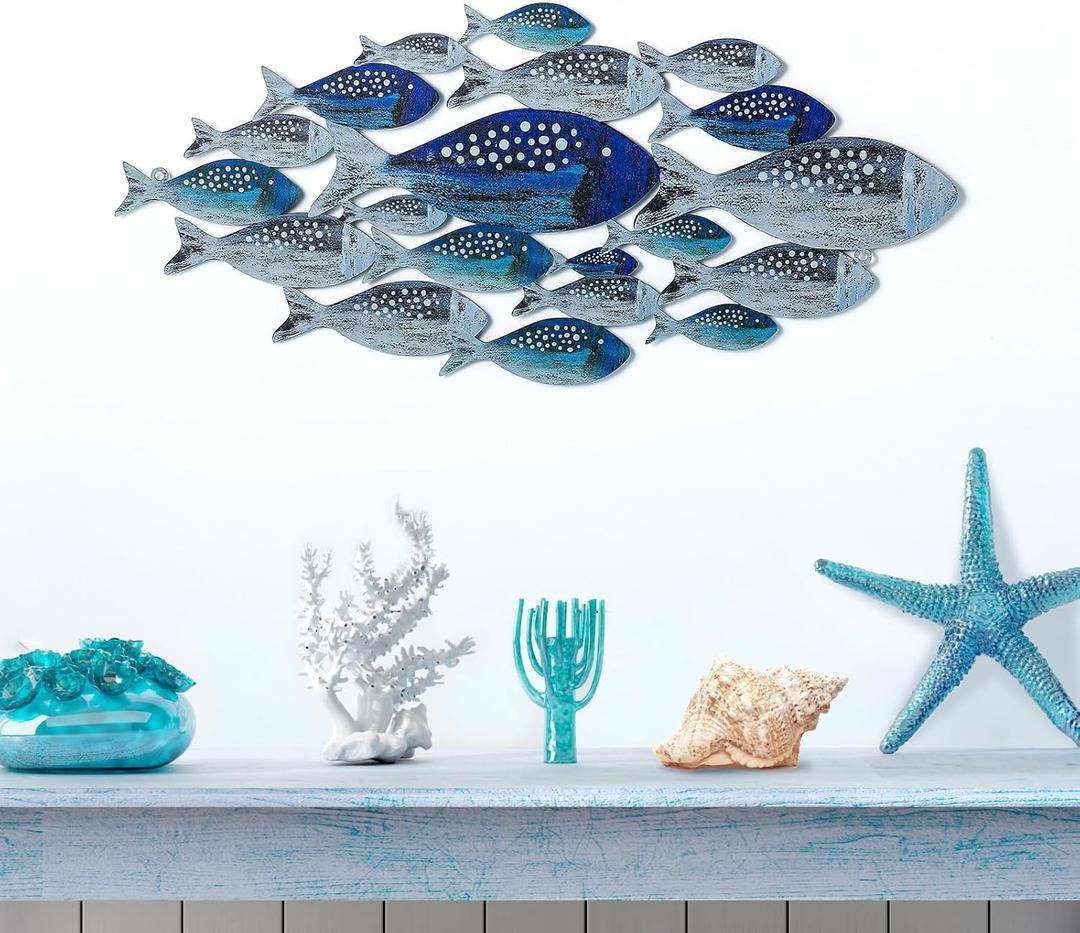 Metal Fish Wall Decor Handcrafted Fish Art Summer Metal Wall Sculpture Marine Decor for Coastal Nautical Beach or Boat Decor Collector Vacation House Blues Silver Wall Art Bedroom Bathroom Living Room