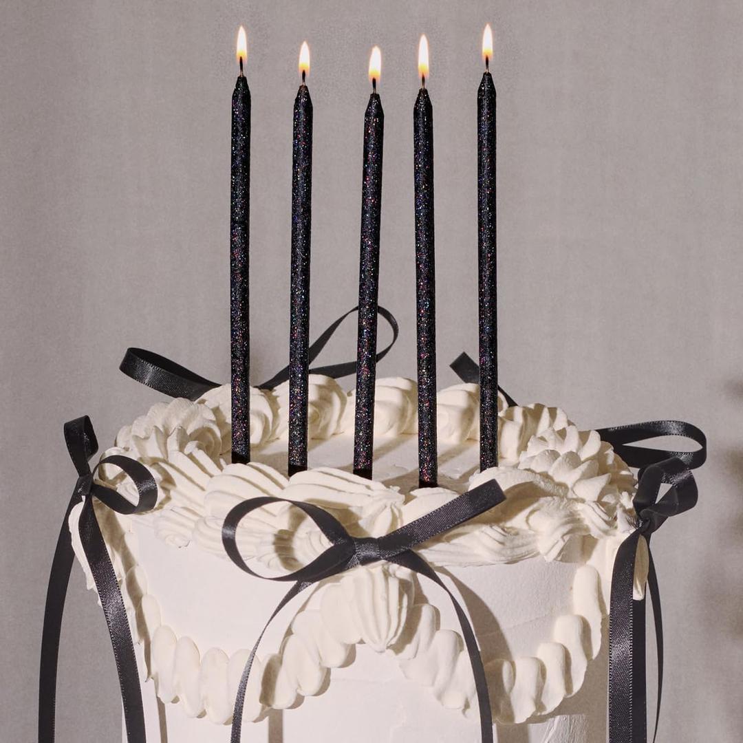 xo, Fetti Black Glitter Cake Candles, Tall Thin - 10 Pcs | Birthday Party Supplies, Bachelorette Cake Decor, Cupcake Topper, Fun Dessert Decorations