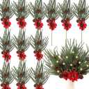 Suncalla 12 Pack Lighted Artificial Christmas Pick Pine Branches with Red Berry Stems 17 Inch Real Touch Faux Norfolk Cedar Branch with Flower for Vase Garland Xmas Home Decoration Craft(Norfolk)