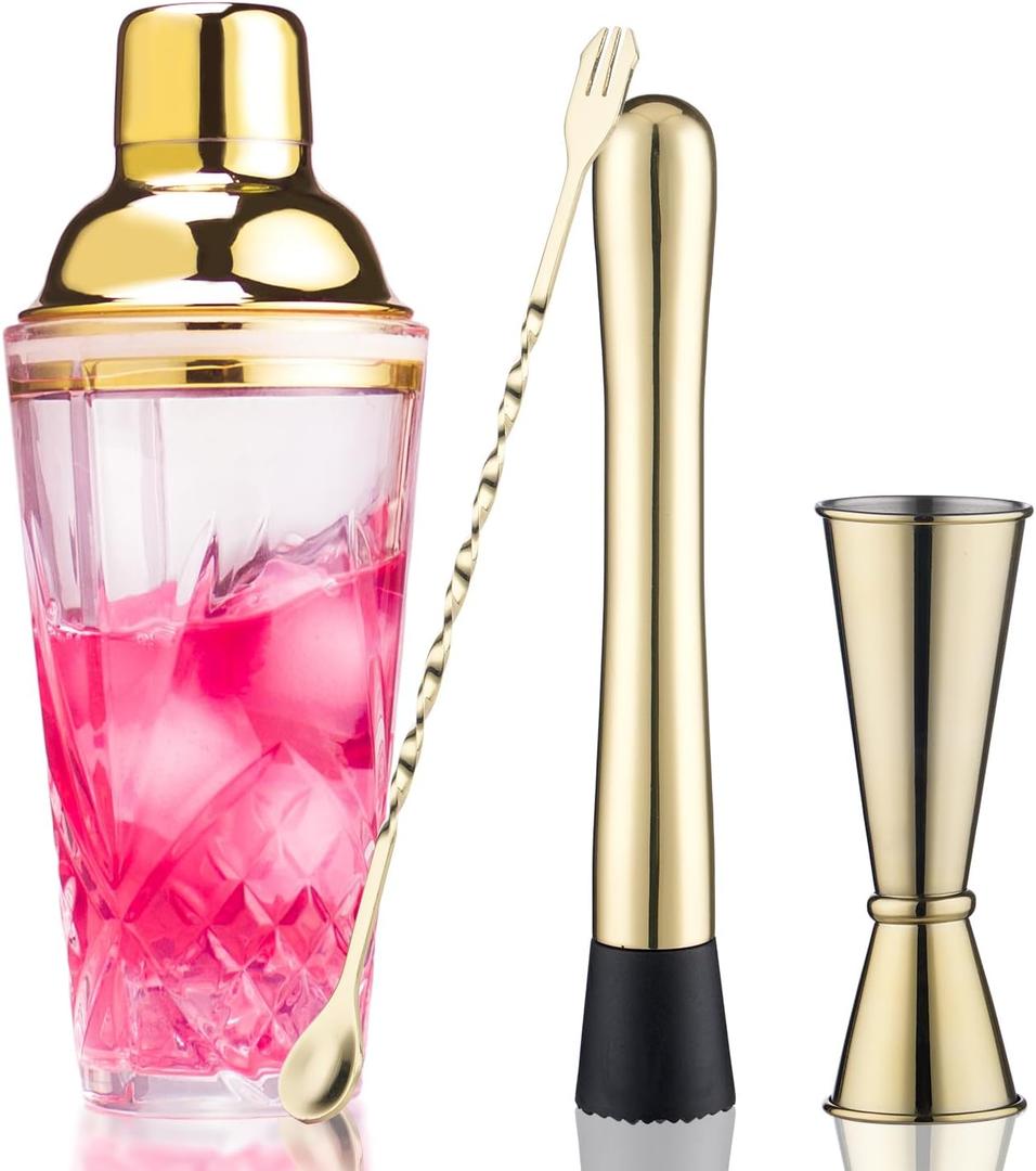 Cocktail Shaker Set - Glass Mixed Drink Shakers Cocktail Set, Martini Shaker with Strainer for Bars, Whiskey, Cocktails (Gold Set)