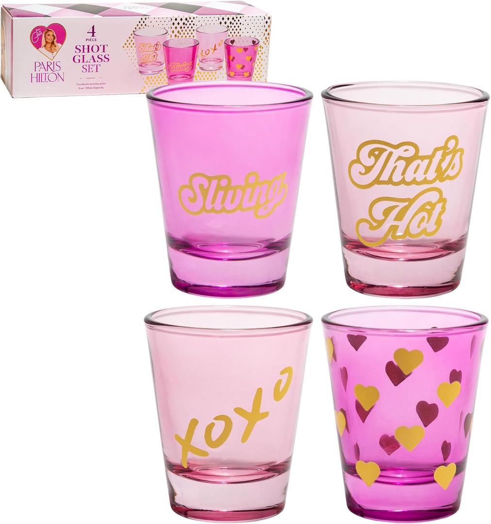 Paris Hilton 4-Piece Shot Glass Set, Fun Decals on Every Glass, 2-Ounce, Hot Pink and Light Pink