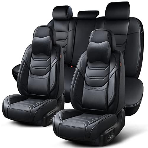 TIEHESYT Black Car Seat Covers Full Set, Breathable Leather Automotive Front and Rear Seat Covers with Headrest, Waterproof Auto Seat Protectors Fit for Most Sedans SUV Pick-up Truck