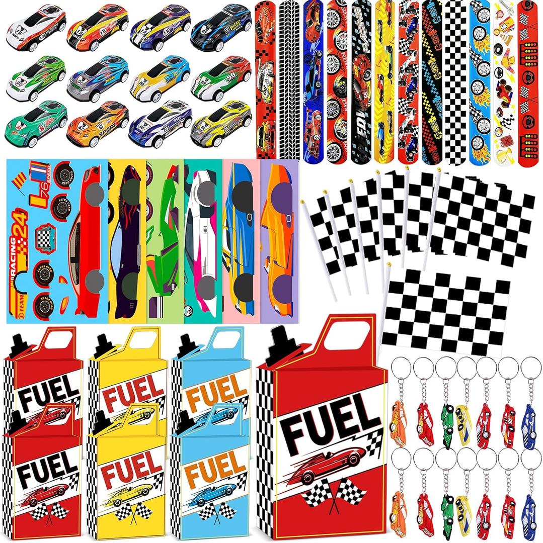 72Pcs Race Car Party Favors Racing Car Birthday Party Supplies Race Car Fuel Can Treat Boxes Key Chains Slap Bracelets Black White Checkered Flag DIY Sticker for Birthday Decorations