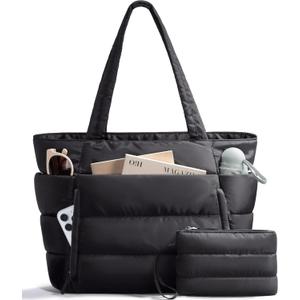 Bagstellar Puffer Tote Bag for Women, Lightweight Puffy Work Handbag Teacher Nurse Quilted Shoulder Bag for School Travel Gym | Cloud Bag w/ Zipper, Daily College Bags, 15.6" Computer Bag, Clinical Nursing Bag, 40 OZ Tumbler Holder, Ideal Gift for Women (Black)