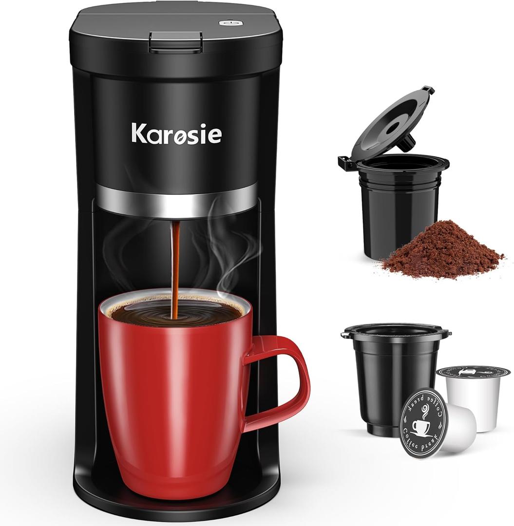 Small Single Serve Coffee Maker, Fast Brew for K-Cup & Ground Coffee, 6-12 Oz Brew Sizes, One-Button Single Cup Coffee Maker, Coffee Machine with Descaling Reminder (9.45 Inches)