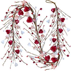 Winlyn 5.2 Ft Valentine's Day Garland with Heart and Berry Red Pink White Artificial Heart Berry Spring Garland for Valentine Party Holiday Wedding Fireplace Mantel Front Door Table Dcor