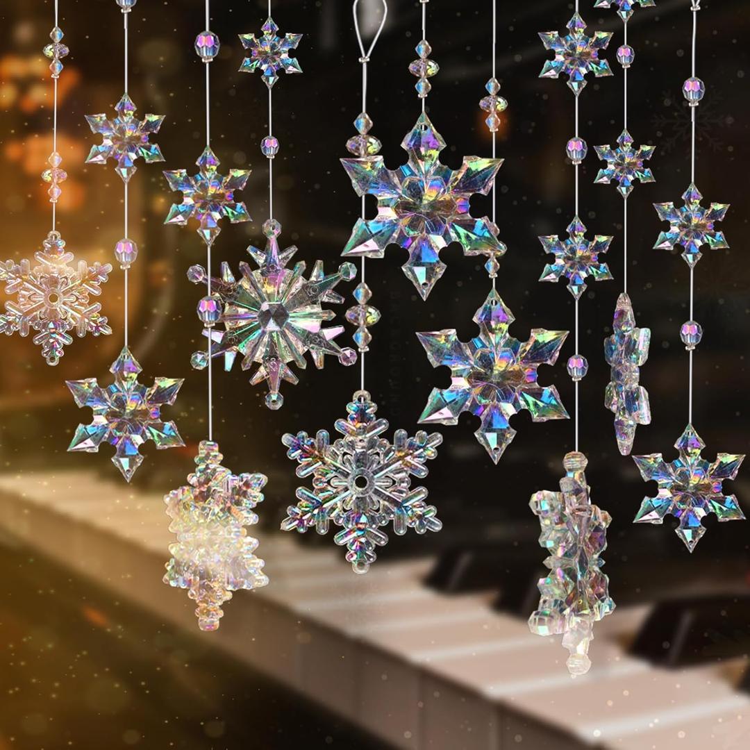 OuMuaMua 24pcs Christmas Crystal Snowflake Ornaments for Christmas Tree Decorations- Iridescent Hanging Acrylic Snowflake Ornaments for Xmas Christmas Tree Winter Wonderland Party Decorations