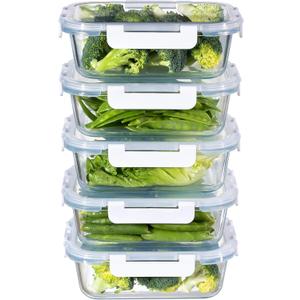 MFY 5-Pack 36 OZ Glass Storage Containers with Lids, Glass Meal Prep Containers Set, Airtight Lunch Containers with Lids, Microwave, Oven, Freezer and Dishwasher Safe, White