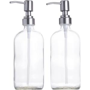 Clear Glass Soap Dispenser with Silver Pump - Set of 2 16 Ounce Jars - Boston Round Bottles for Kitchen and Bathrooms