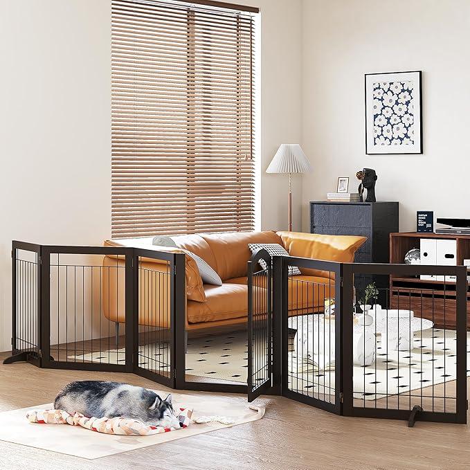 PAWLAND 144-inch Extra Wide 30-inches Tall Dog gate with Door Walk Through, Freestanding Wire Pet Gate for The House, Doorway, Stairs, Pet Puppy Safety Fence, Support Feet Included, White,6 Panels