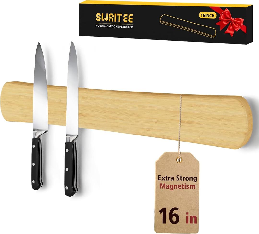 Swaitee Magnetic Knife Holder for Wall, 16 Inch Bamboo Magnetic Knife Strip, Kitchen Storage Organizer, Fridge Side Mount, Housewarming Gifts for New Home