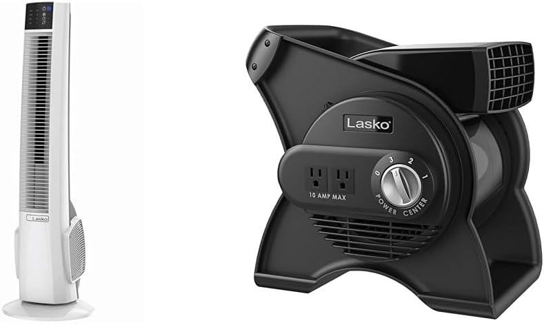 Lasko Oscillating Tower Fan with Remote Control and Pivoting Utility Blower Fan with Accessory Outlets, 3 Speeds