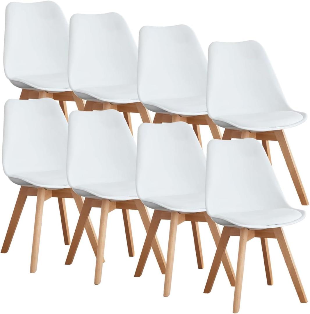 OLIXIS Dining Chairs Set of 8 Kitchen Mid Century Modern Chairs with Wood Legs and PU Leather Cushion for Living Room Bedroom Outdoor Lounge, White