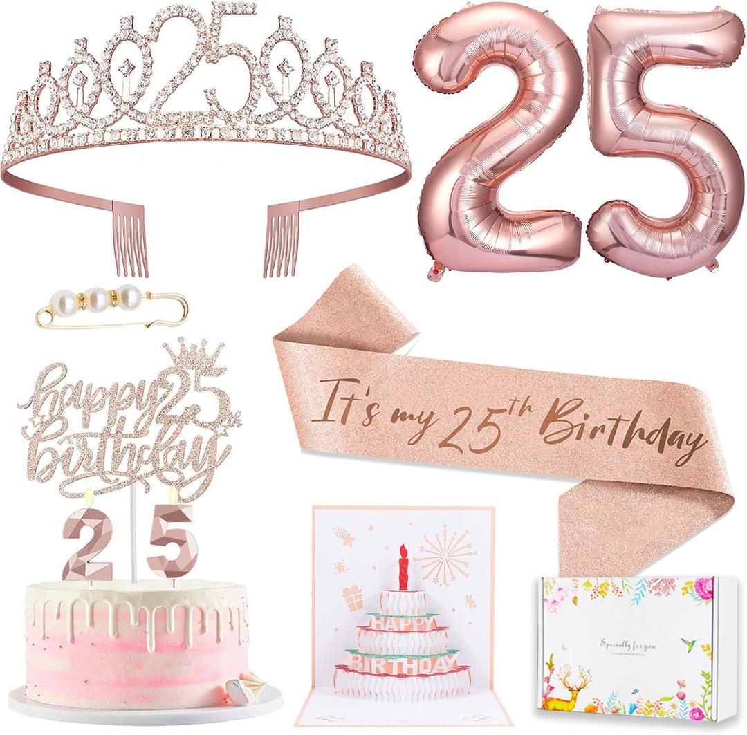 25th Birthday Decorations Gifts for Women, Including 25 year old Cake Topper, Birthday Queen Sash with Pearl Pin, Sweet Rhinestone Tiara Crown, Number Candles and Balloons Set, Rose Gold