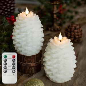 Pinecone Flameless Candles with Remote Timer, 2 Pack Real Wax Battery Operated LED Candles for Christmas Decorations, Rustic Holiday Table Centerpieces, Winter Home Dcor White