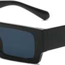 Long Keeper Retro Small Rectangle Sunglasses Women Vintage Square Men Glasses Trendy Chunky Sun Glasses UV400 (Black)