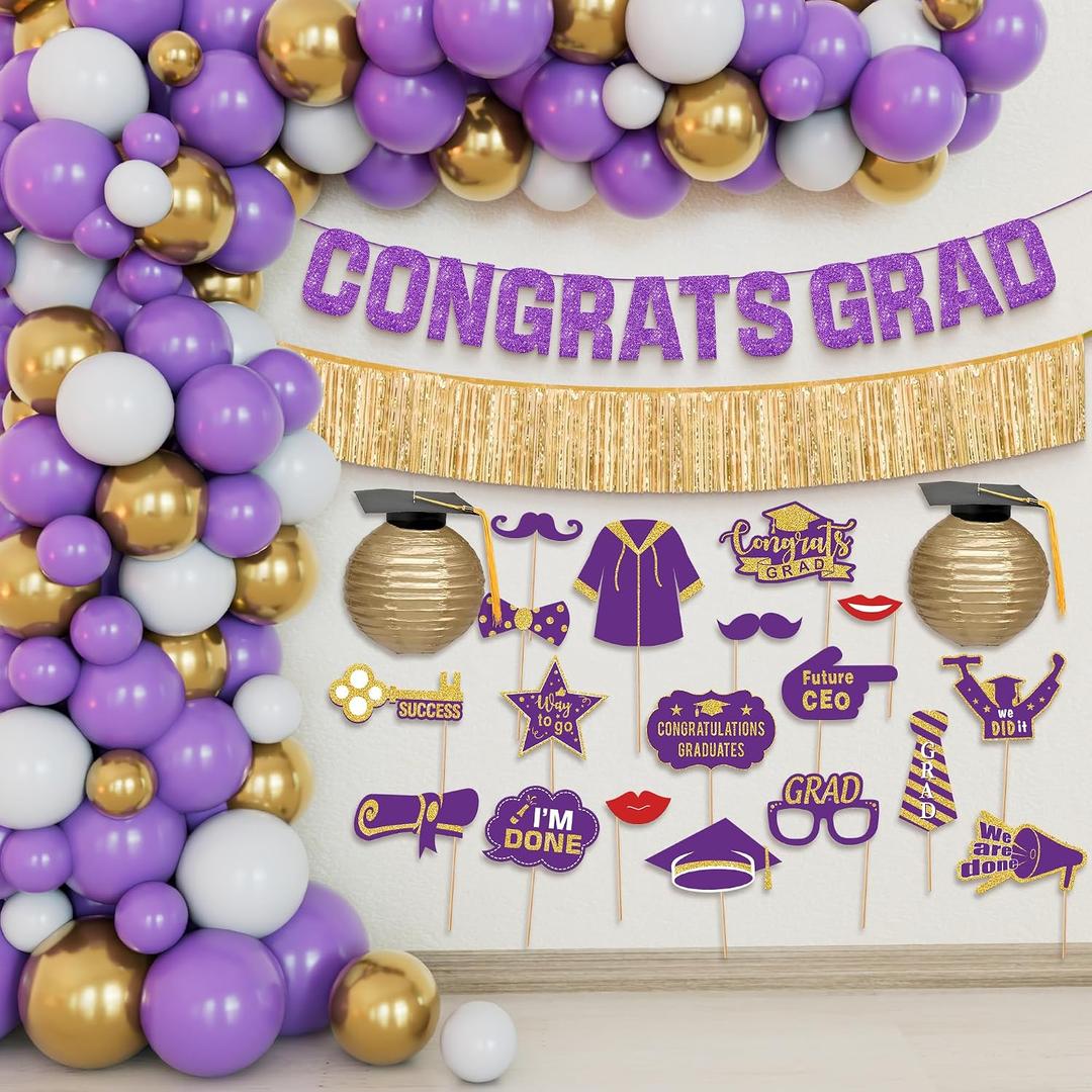 Graduation Decorations 2026 | Purple and Gold Graduation Balloons Arch Set - Huge Pack of 67 | Congrats Grad Banner, Graduation Photo Props | Grad Party Supplies | KatchOn