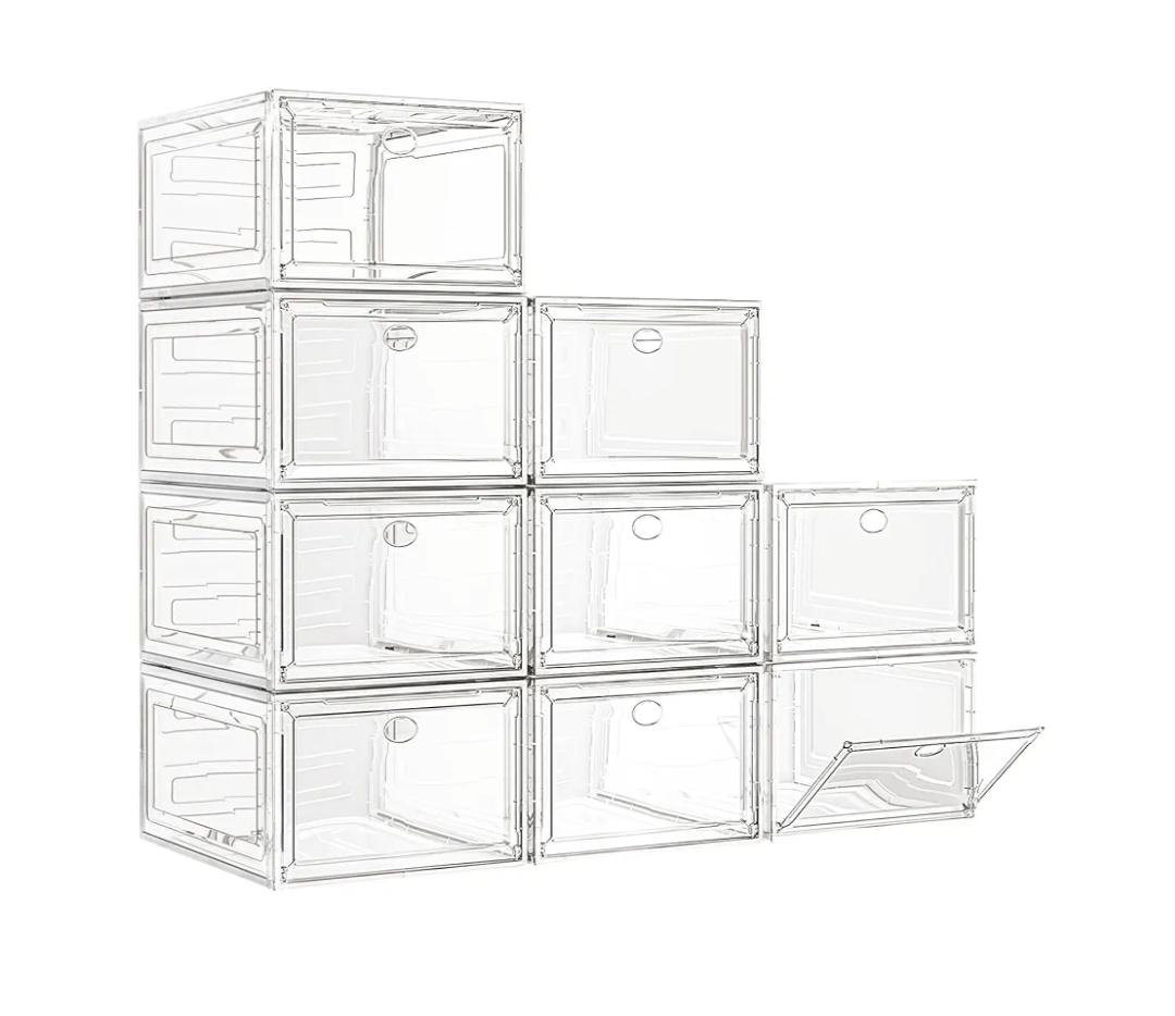 7 code Large Clear Shoe Boxes Organizer【Thicker Material】 Stronger Shoe Box with Magnetic Door, Stackable Shoe Storage Box for Closet, Foldable Space-Saving Storage Bins Shoe Cabinet, White 9 Pack