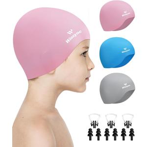 3 Pack Kids Swim Cap for Boys Girls, Unisex Silicone Swimming Caps for 3-15 Toddler Children Teen, Waterproof Bathing Caps for Short/Long Hair to Keep Hair Dry