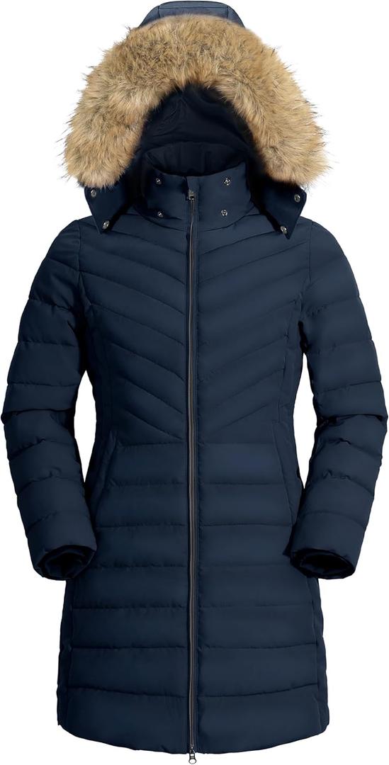 Pioneer Camp Women's Winter Coats Warm Thicken Long Puffer Jacket Waterproof Quilted Parka with Removable Faux Fur Hood (Medium, Navy Blue)