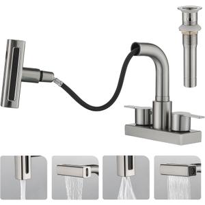 Bathroom Sink Faucet with Pull Down Sprayer 3 Holes, Brushed Nickel 4 inch 2 Handles Centerset Laundry Bar Basin Pull Out Faucet with Pop-Up Drain