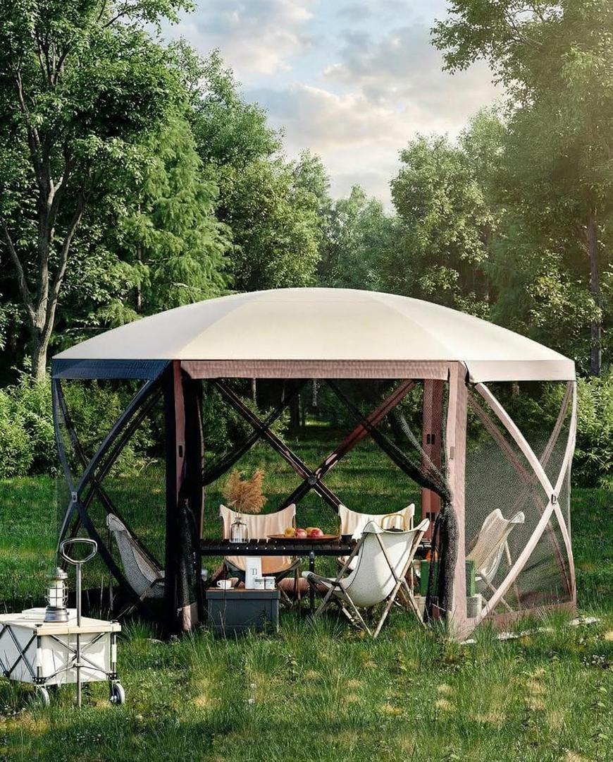 12x12 ft Pop-Up Gazebo Screen Tent, 6-Sided Screened Canopy with Mesh Windows & Wind Panels for Outdoor Camping, Backyard, and Lawn Protection, Khaki