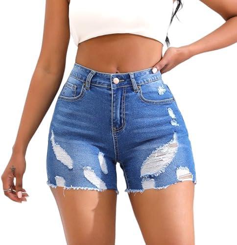 THUNDER STAR Stretchy Jean Shorts for Women Mid Rise Distressed Denim Shorts Ripped Casual Summer Shorts, L, Light Blue