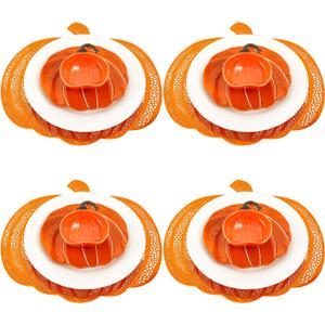 Jinei 16 Pcs Thanksgiving Tableware Set Include Ceramic Large Pumpkin Shaped Plates White Dinner Ceramic Plates Small Pumpkin Shaped Bowls and Place Mats for Fall Harvest Autumn Party Decorations