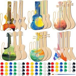 Syhood 18 Pcs DIY Wood Guitar for Kids (6 Difference Designs) with 18 Set of Pigments (6 Colors), Christmas Kids Gift for Boys Girls Crafts Birthday Class Party Music Theme Party (Classic Style)